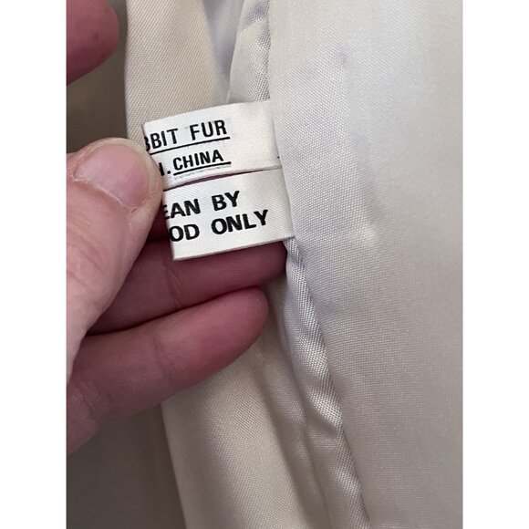 Vintage 1980s White Rabbit Fur Coat Car Length Puff Sleeve Stand-Up Collar M - Picture 10 of 11